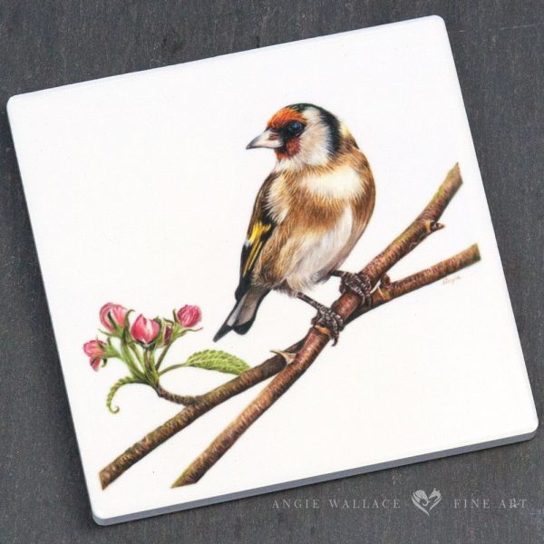 UK Garden Bird Collection - Goldfinch ceramic coaster by wildlife artist Angie.