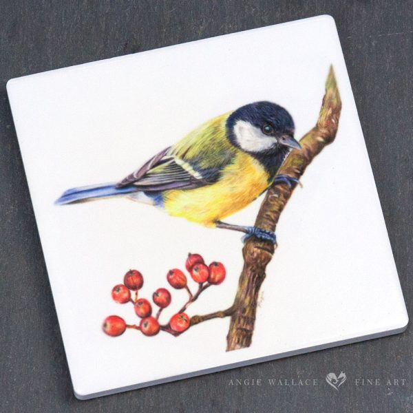 UK Garden Bird Collection - Great Tit ceramic coaster by wildlife artist Angie.